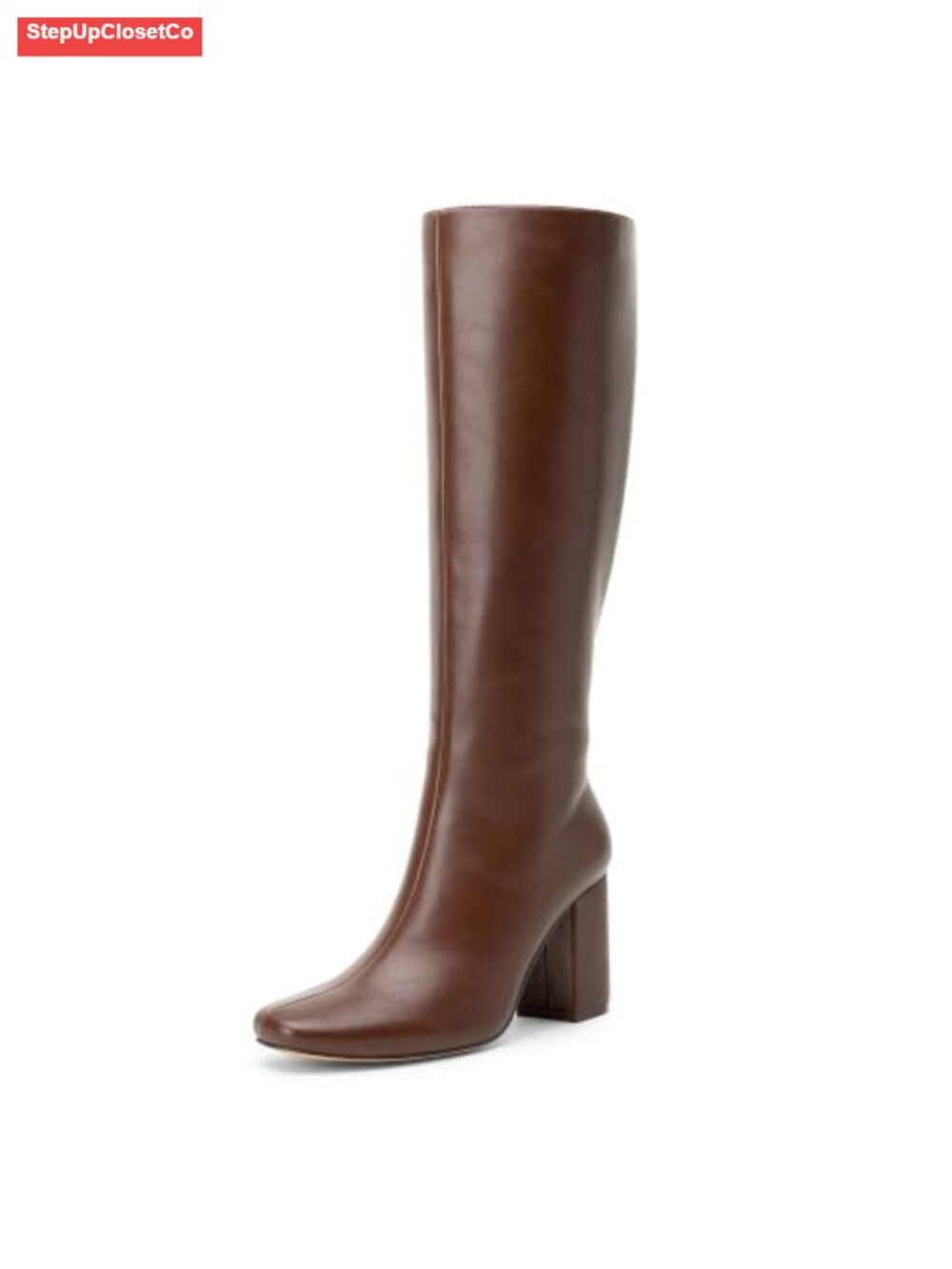 Faux Leather Square Toe Knee High Block Heel Riding Boots